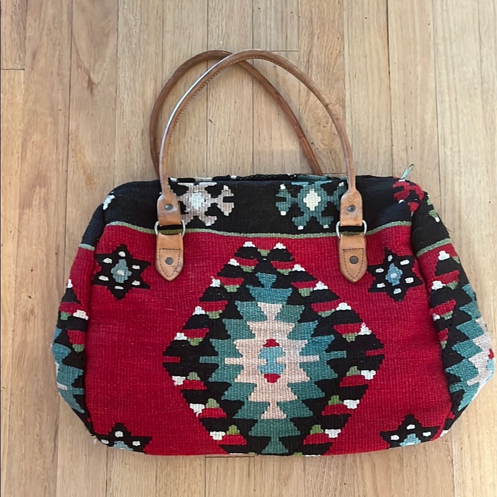 Red and Black Geometric Tote with Leather Handles